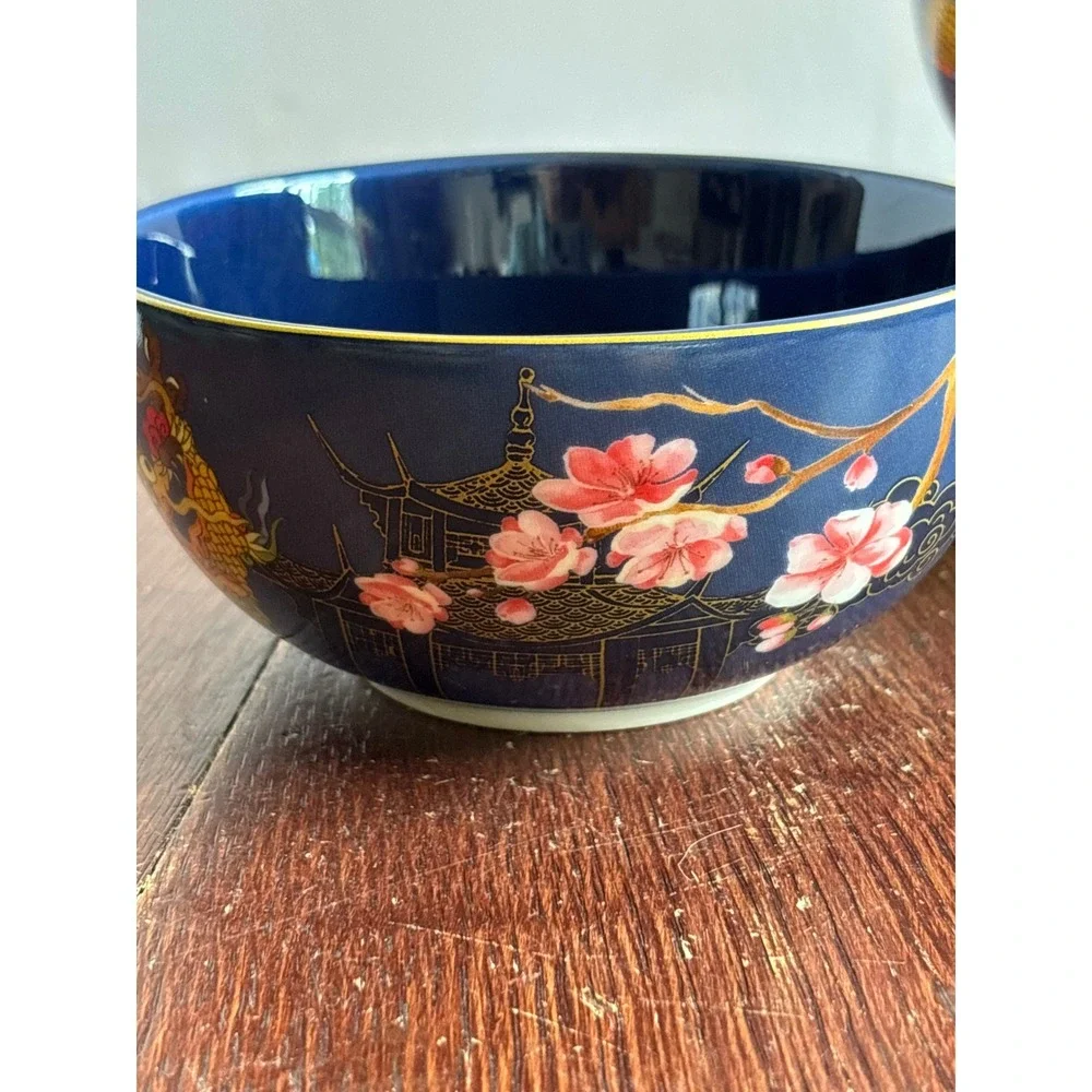 Williams Sonoma Blue Dragon Cherry Blossom Pagoda Porcelain Bowls Set of 2